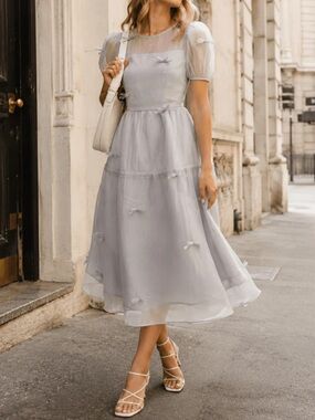 BOUTIQUE Elegant Puff Sleeve Bow Detail Midi Dress NWOT